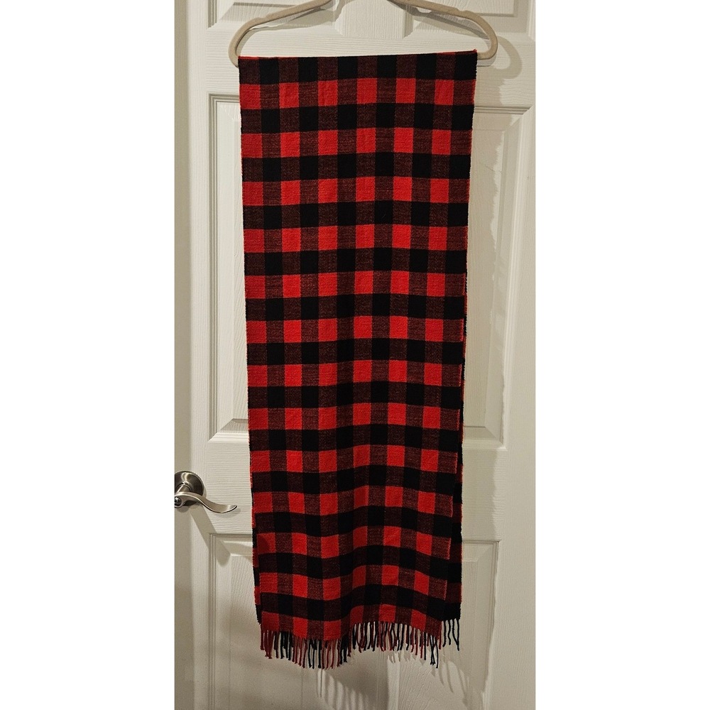 J.Crew Red Black Buffalo Plaid Scarf‎ Fringe Winter Acrylic Women 80x15